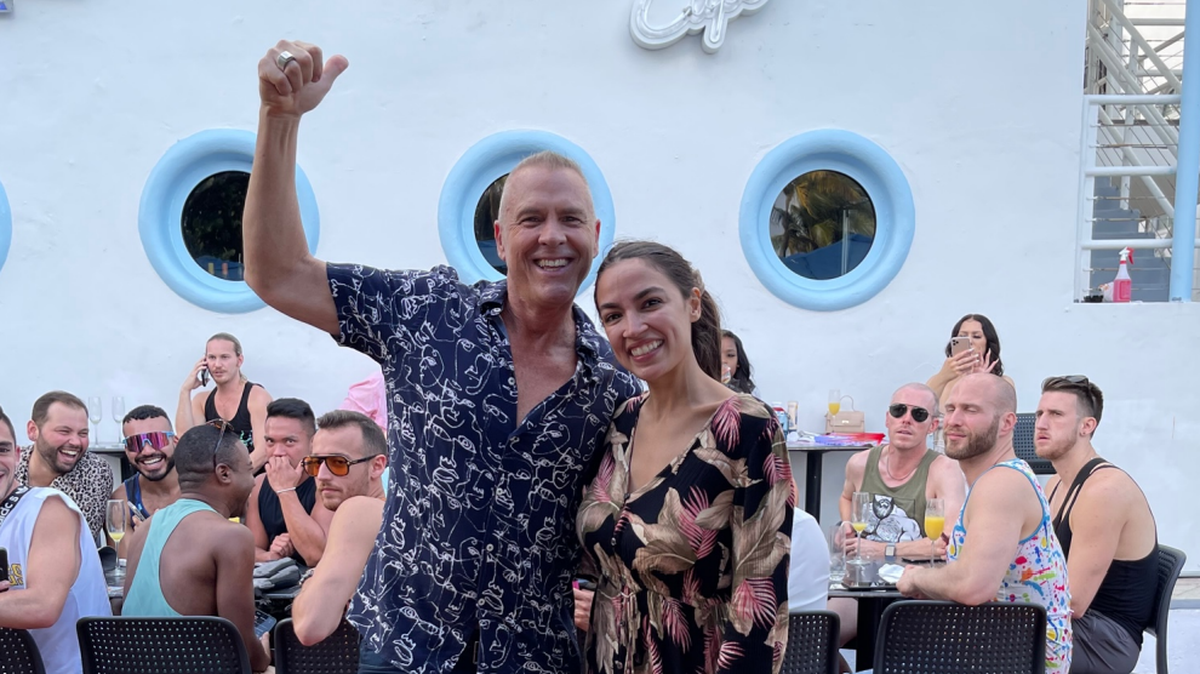 Alexandria Ocasio-Cortez at Palace Bar Miami’s iconic brunch Sunday Jan 2, 2022 with bar owner Thomas Donall
