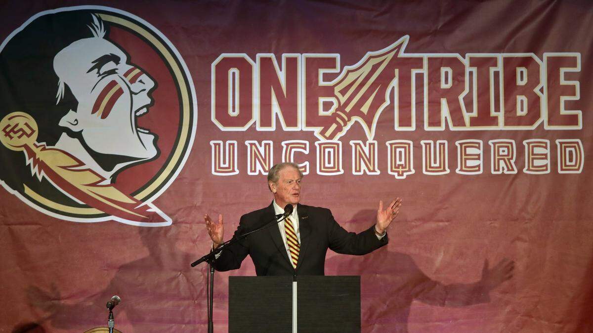 Florida State president John Thrasher speaks prior to head football coach Mike Norvell being introduced at a press conference Sunday, Dec. 8, 2019, in Tallahassee, Fla. Norvell is Florida State’s new coach, taking over a Seminoles program that has struggled while he was helping to build Memphis into a Group of Five power.