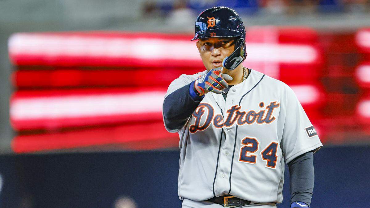 Detroit Tigers designated hitter Miguel Cabrera (24) points towards the Tigers dugout after advancing to second base in the second inning against the Miami Marlins at loanDepot park in Miami on Saturday, July 29, 2023.