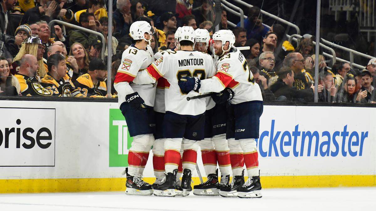 May 17, 2024; Boston, Massachusetts, USA; The Florida Panthers celebrate after a goal by defenseman Gustav Forsling (42) during the third period in game six of the second round of the 2024 Stanley Cup Playoffs against the Boston Bruins at TD Garden. Mandatory Credit: Bob DeChiara-USA TODAY Sports