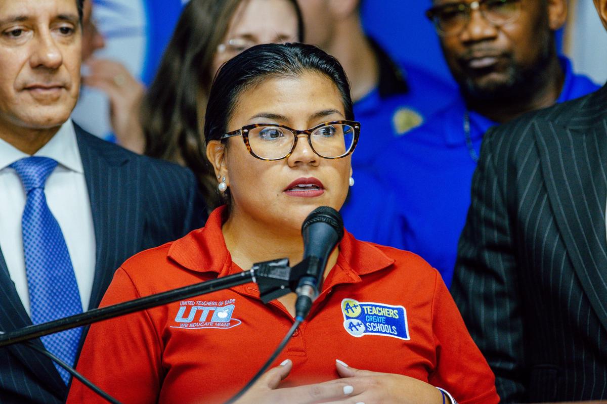 United Teachers of Dade President Karla Hernandez-Mats speaks at a press conference about the coronavirus at the School Board Administration Building in Miami on Friday, March 13, 2020.