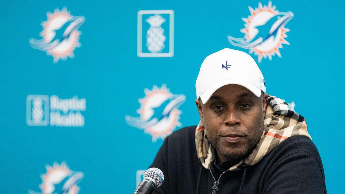 Miami Dolphins general manager Chris Grier speaks during a press conference at the Baptist Health Training Complex on Saturday, April 27, 2024 in Miami Gardens, Fla.