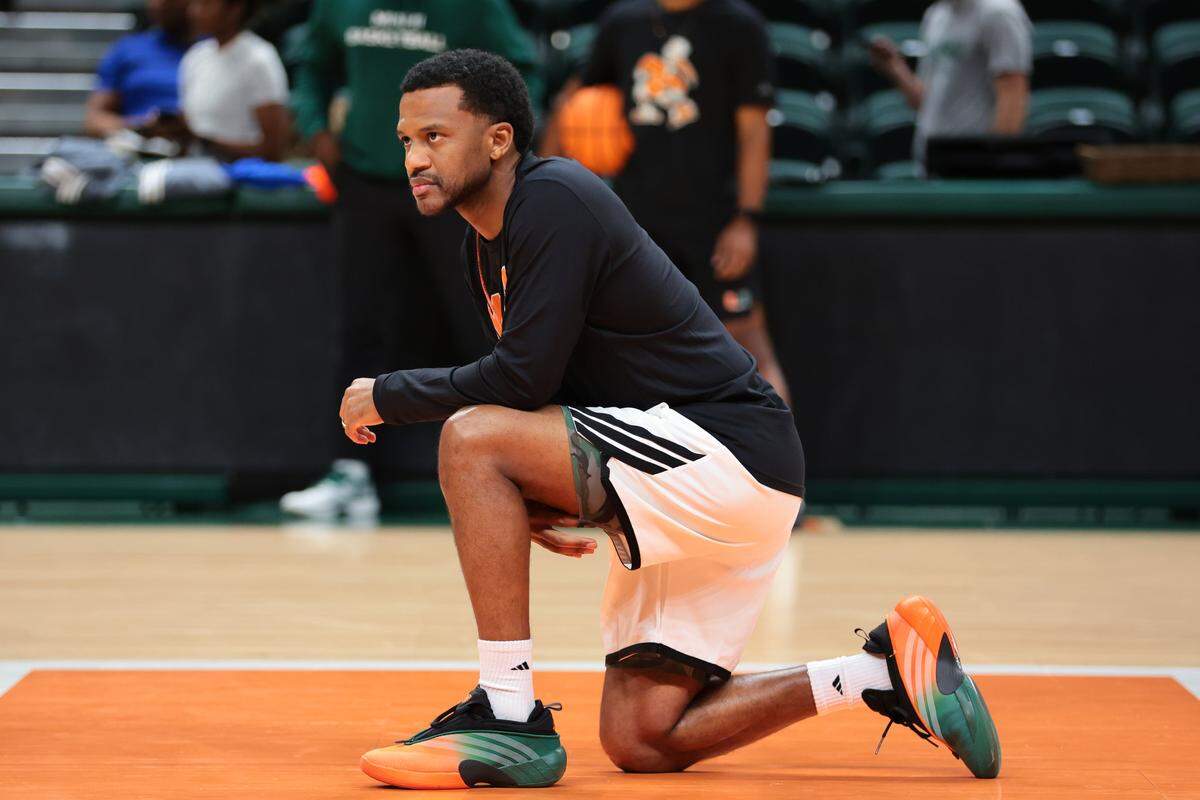 Miami Hurricanes head coach Jai Lucas watches his players during practice at the Watsco Center in Coral Gables, Florida, Tuesday, October 28, 2025.