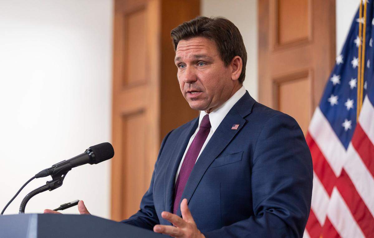 Florida Governor Ron DeSantis speaks with reporters after delivering his State of the State address during the first day of the legislative session at the Florida State Capitol on Tuesday, March 4, 2025, in Tallahassee, Fla.
