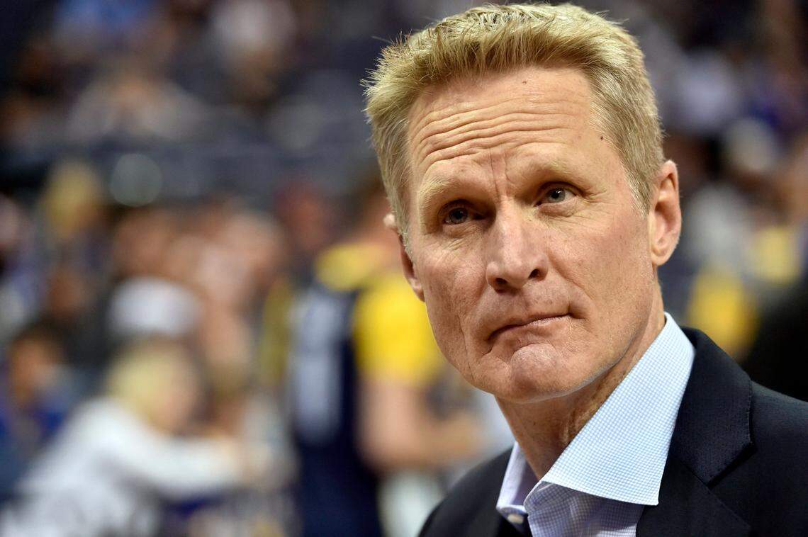Golden State Warriors head coach Steve Kerr stands on the court before an NBA basketball game against the Memphis Grizzlies Wednesday, March 27, 2019, in Memphis, Tenn.