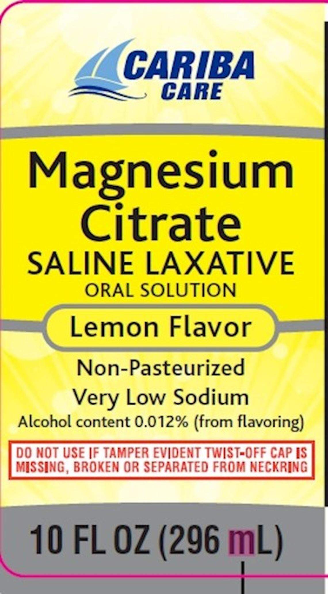 Cariba Care Magnesium Citrate laxative, distributed out of Safety Harbor, Florida
