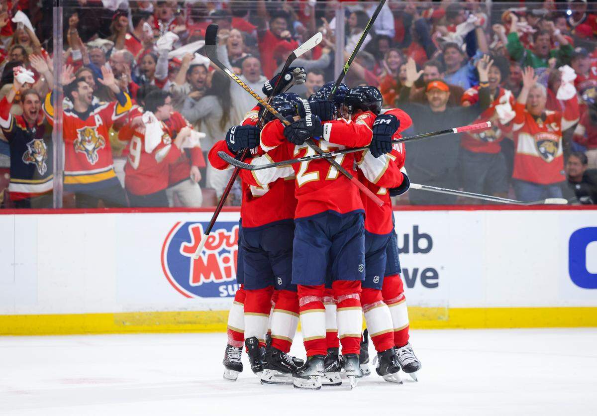 The Florida Panthers celebrate a goal by Florida Panthers defenseman Seth Jones (3) during the third period of Game 4 of the first-round Stanley Cup playoff series against the Tampa Bay Lightning on Monday, April 28, 2025, at Amerant Bank Arena in Sunrise, Fla. The Panthers won 4-2.