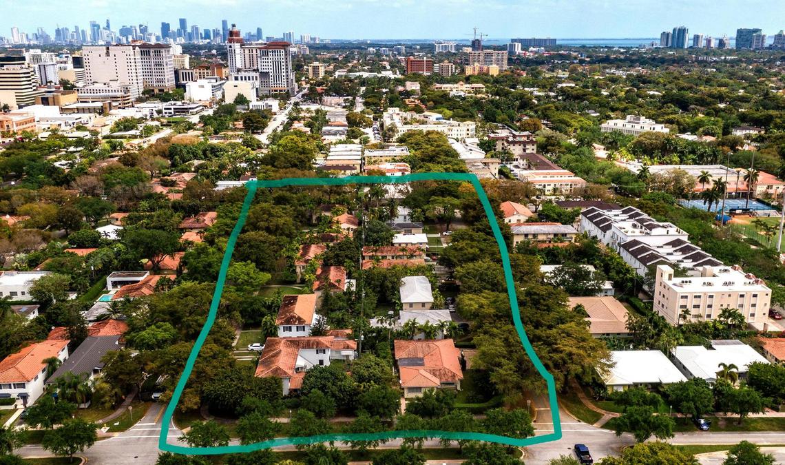 View an entire block bordered by Malaga Avenue, Santander Avenue, Segovia Street, and Hernando Street that include 13 buildings of affordable apartments that will be torn down for a luxury development, in Coral Gables, on Wednesday March 23, 2022.