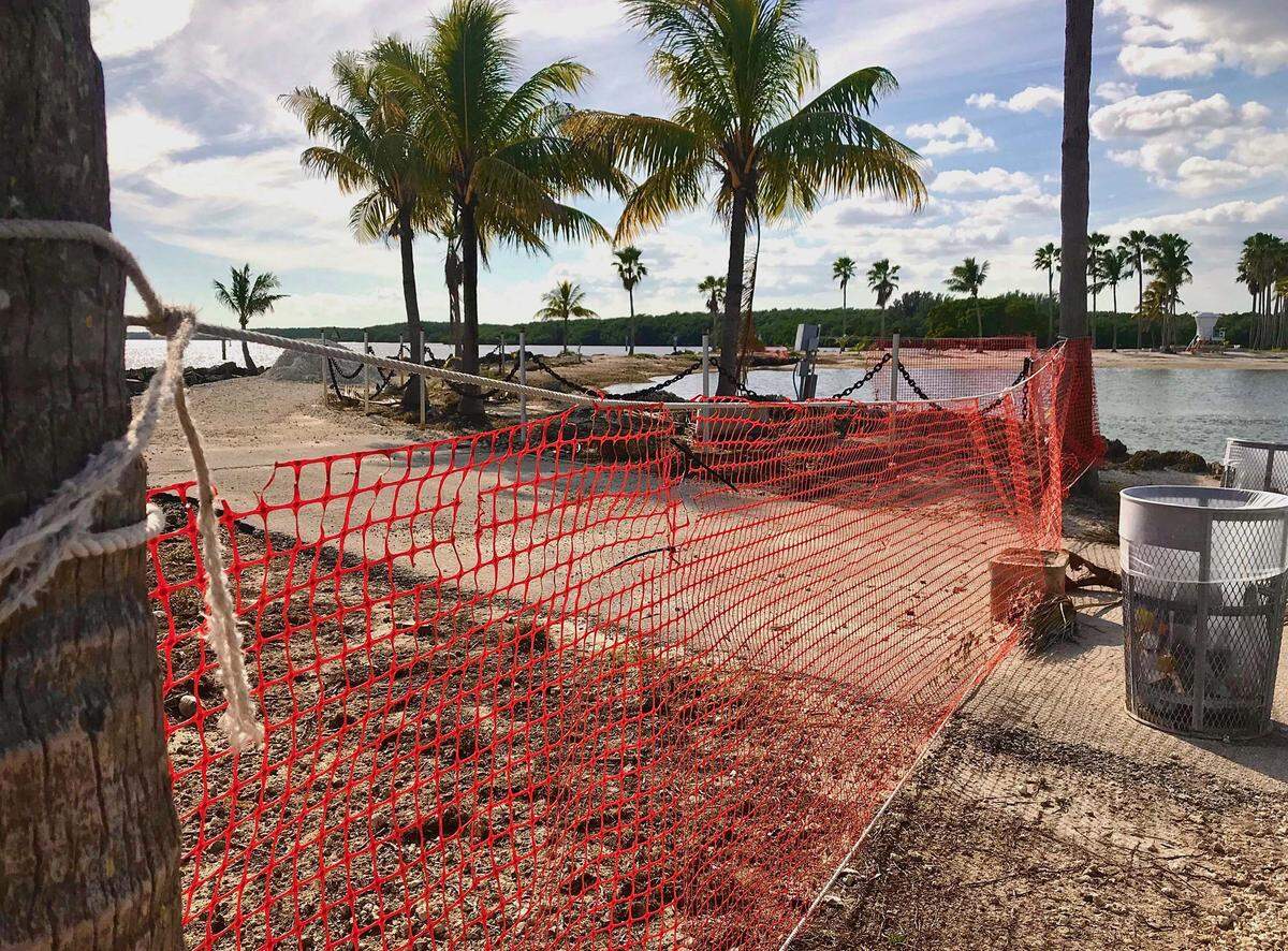 The eroding shoreline walkway around the Matheson Hammock lagoon that provides beautiful vistas and breezes is blocked.