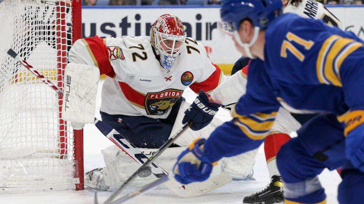 Florida Panthers goaltender Sergei Bobrovsky (72) defends the net during the first period of an NHL hockey game against the Buffalo Sabres on Monday, Jan. 16, 2023, in Buffalo, N.Y. (AP Photo/Joshua Bessex)