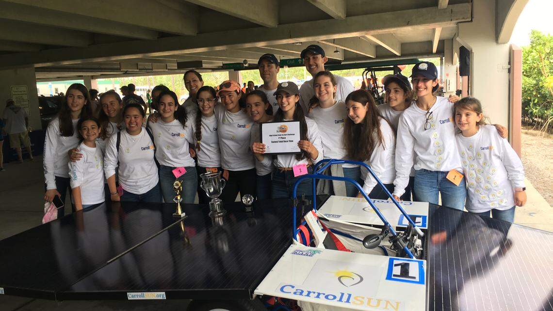 The all-girls robotics, engineering, computer, science CarrollSun team from Carrollton School of the Sacred Heart in Coconut Grove swept the Florida Gulf Coast University’s statewide Sunchase Challenge in April.