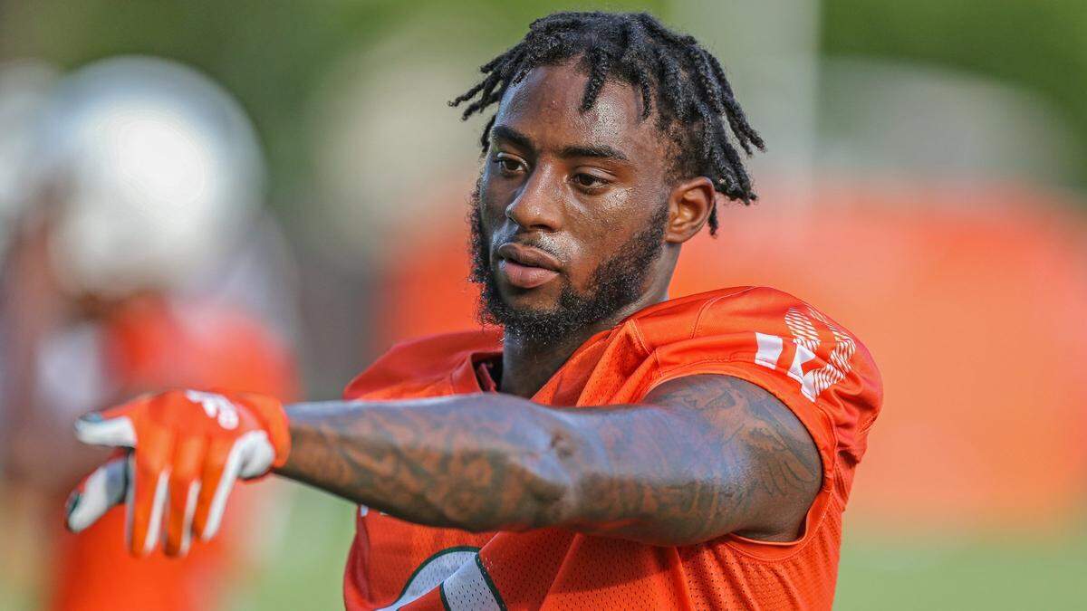 Miami Hurricanes wide receiver Romello Brinson (0) gestures during practice at the University of Miamis Greentree Practice Field in Coral Gables on Saturday, August 7, 2021.