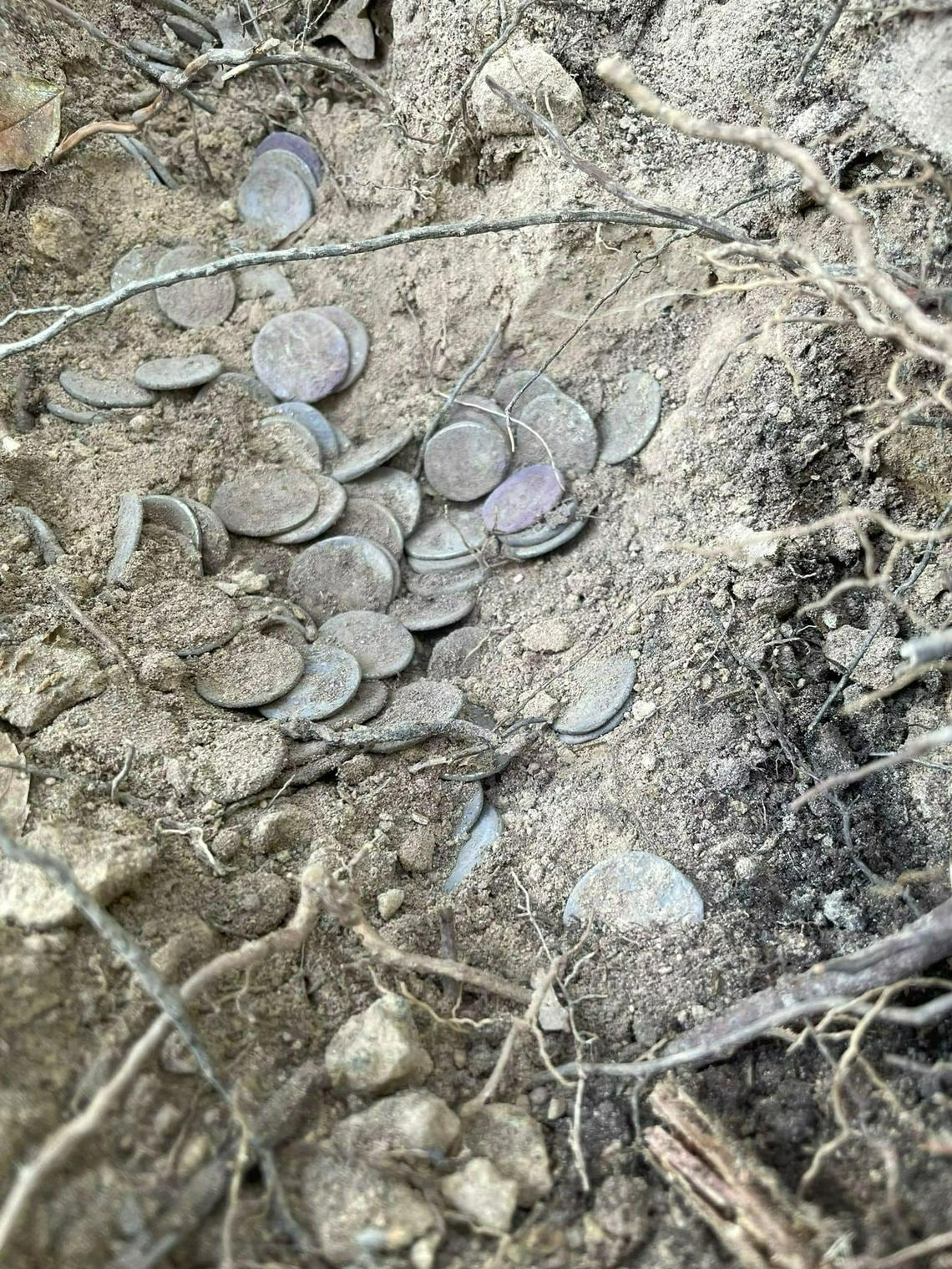 Some of the coins partially-buried in the dirt.