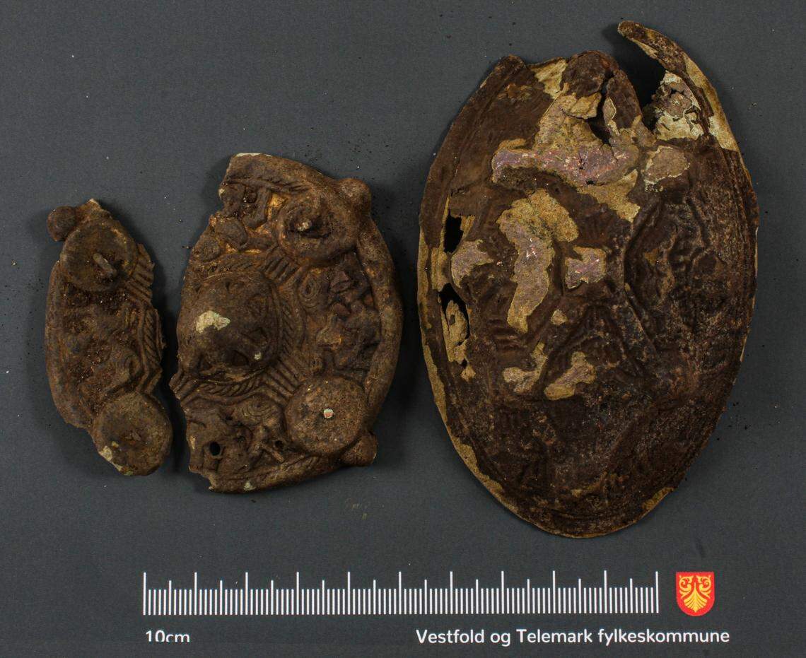 The Viking-era belt buckles found by the Aasvik family.