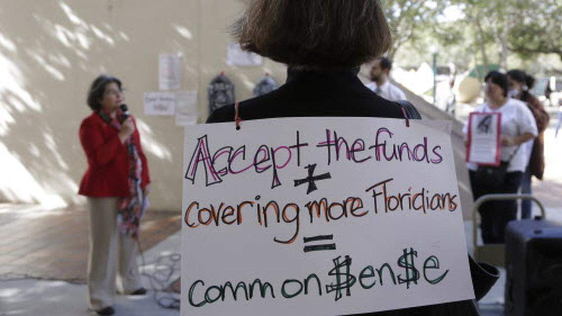 In 2015, County Commissioner Daniella Levine Cava, now county mayor, speaks during the demonstration in support of Florida lawmakers expanding eligibility for Medicaid as called for under the federal Affordable Care Act. The Act established a new Medicaid eligibility category for former foster children to age 26. The state removed 1,730 former foster children from the state’s Medicaid rolls over the past six years in apparent violation of this law.