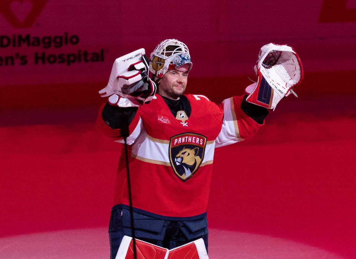 Florida Panthers goaltender Sergei Bobrovsky (72) smiles and waves to fans after a hockey game against the Columbus Blue Jackets on Thursday, April 11, 2024, at Amerant Bank Arena in Sunrise, Fla. The Panthers won 4-0.