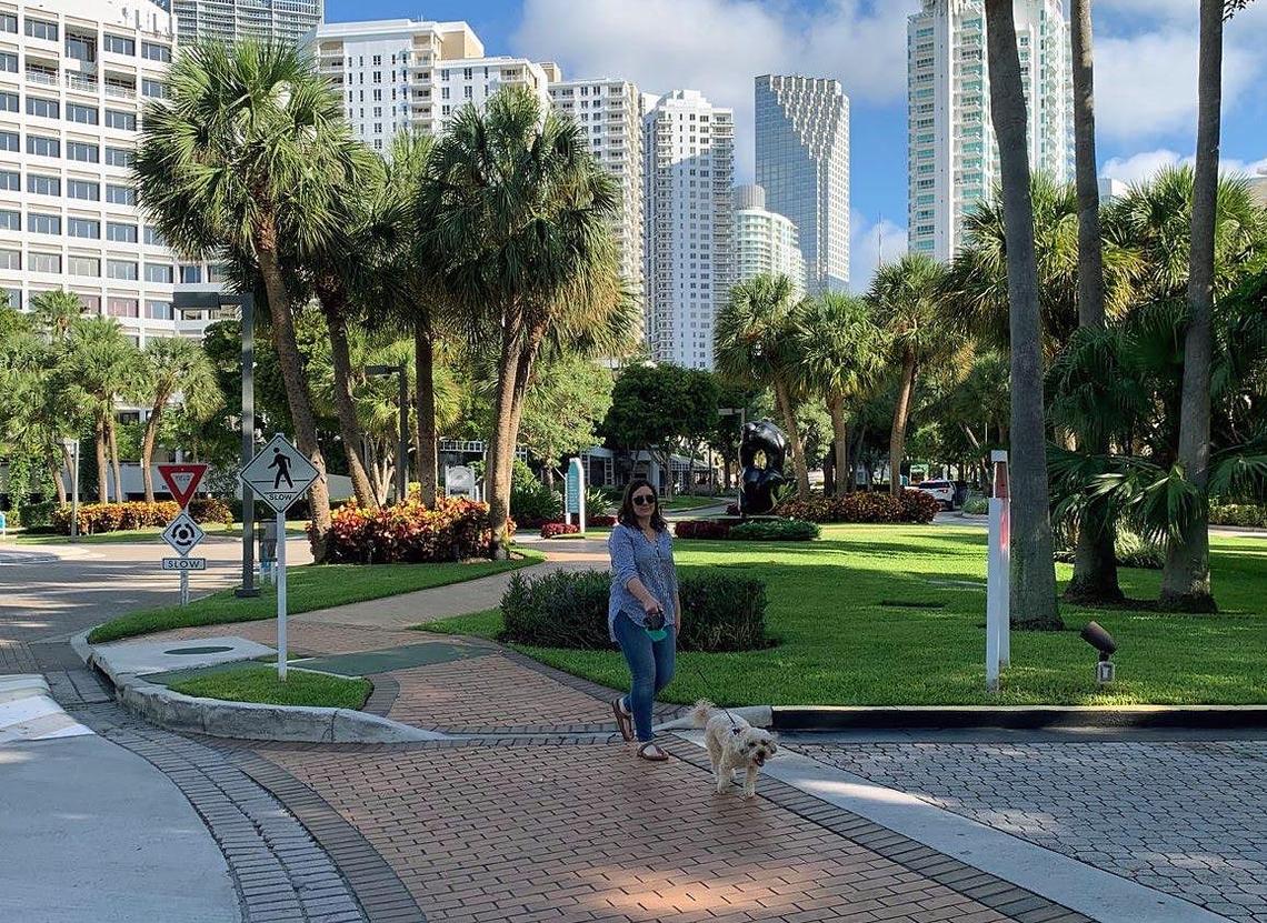 Brickell Key resident Kristen Susik and her dog, Maddie, who fell ill when anti-coronavirus disinfectant was sprayed around the downtown Miami island.