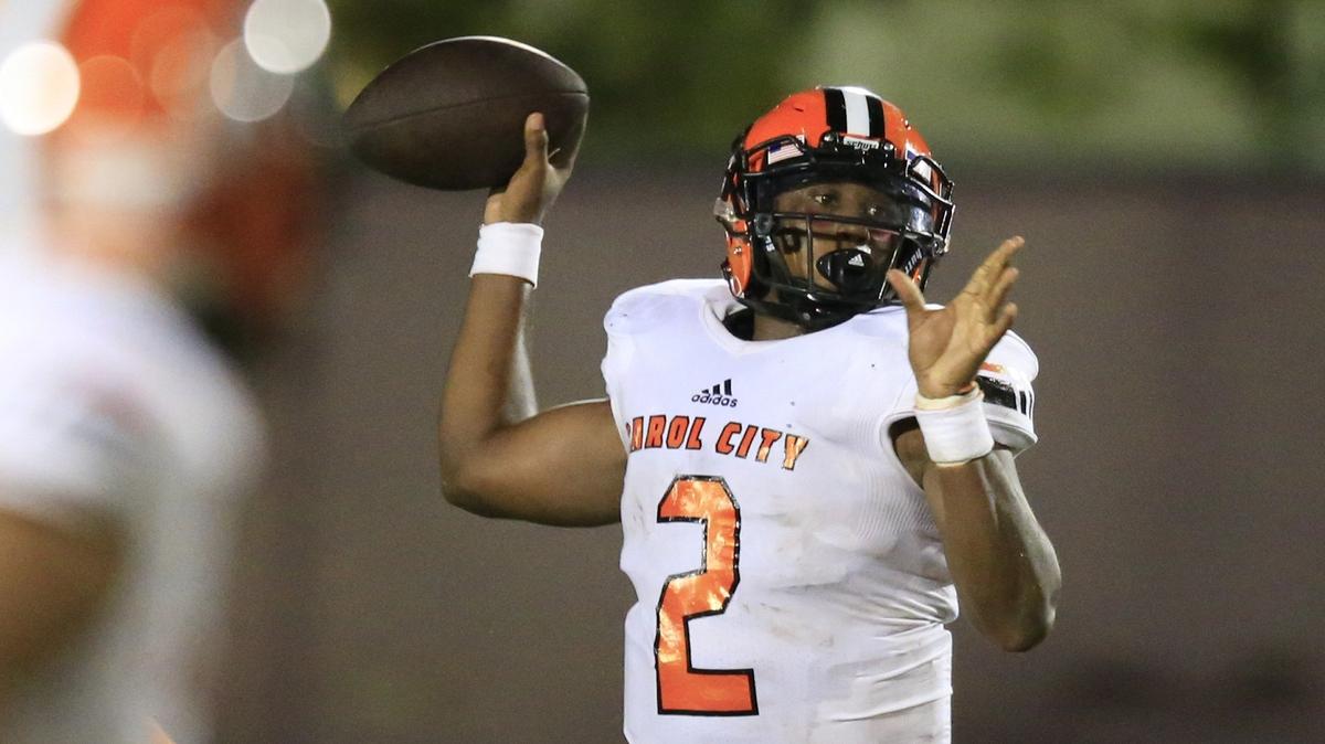 Carol City’s quarterback Daniel Richardson (2) sets up to pass in the first half as Soutridge High School hosts Carol City in Miami on Friday, October 5, 2018.