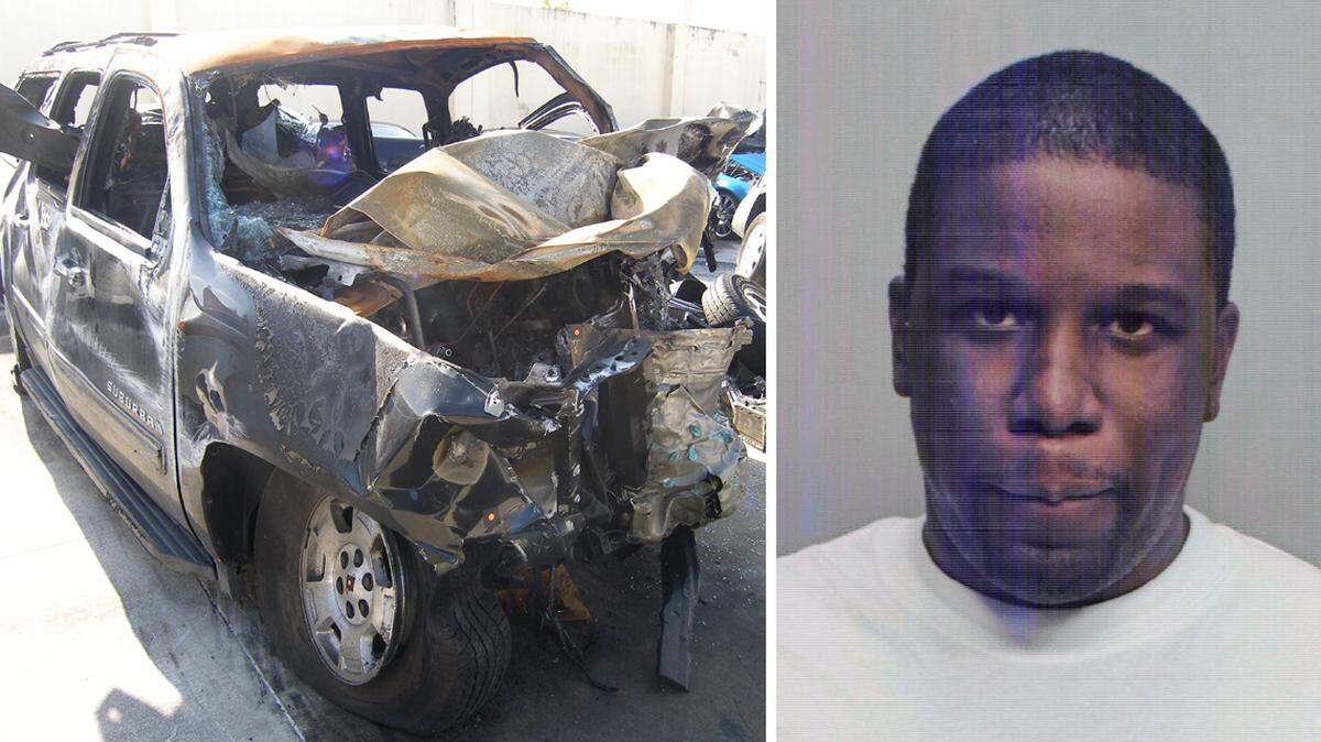 Willie Dumel, right, crashed his car into an SUV on Interstate 95 in North Miami-Dade in August 2013. The SUV, at left, erupted into flames, killing four tourists.