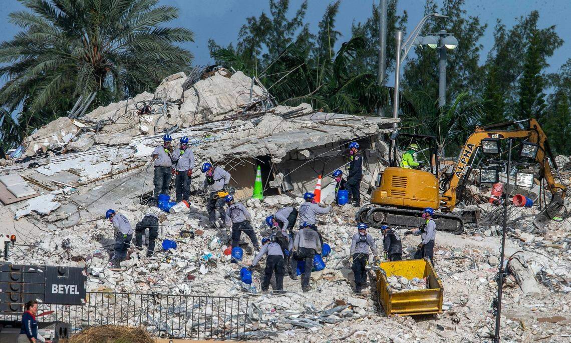 The search and rescue mission continues at the Champlain Towers South collapse site on Monday, July 5, 2021, after the remaining part of the building was demolished on Sunday night.