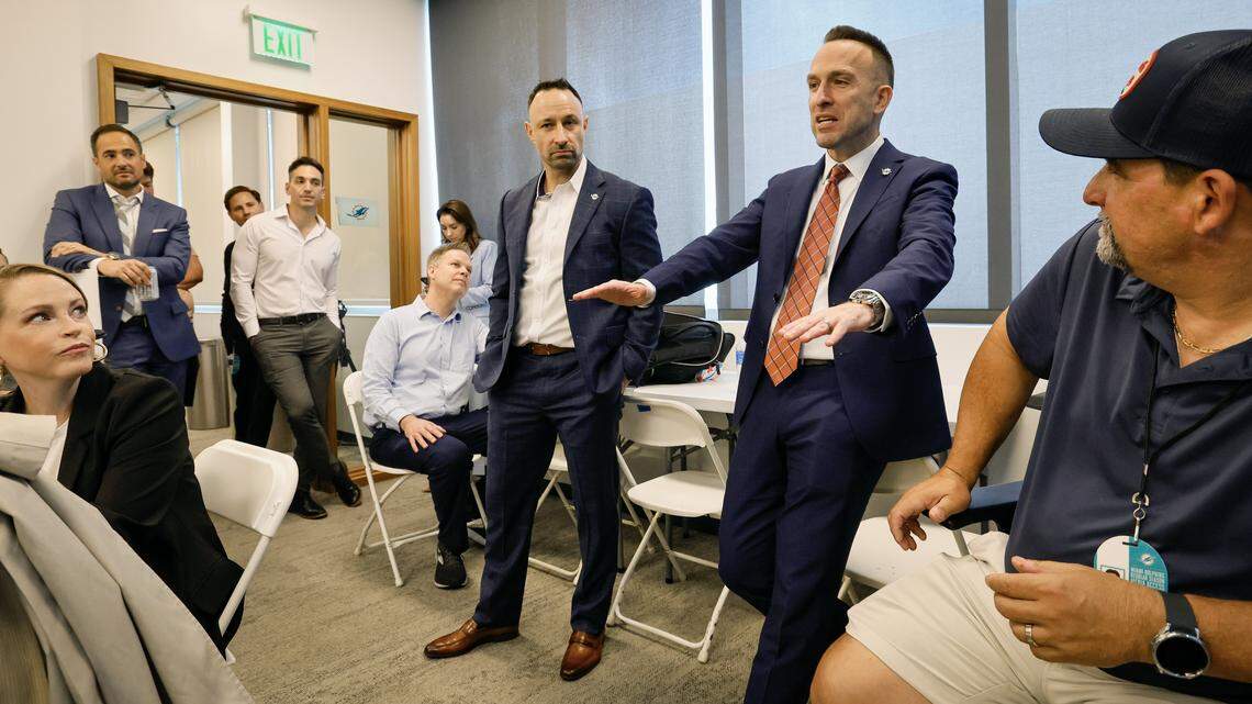 New Miami Dolphins General Manager Jon-Eric Sullivan and new Head Coach Jeff Hafley visit reporters in the Media Work Room after a press conference at the Baptist Health Training Complex in Miami Gardens, Florida, on Thursday, January 22, 2026.