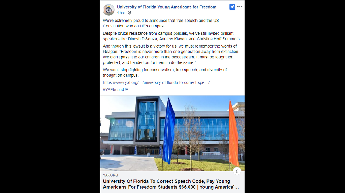 The University of Florida is cashing out $66,000 and making policy changes to settle a federal lawsuit brought by the school’s Young Americans for Freedom student chapter, which claimed the school violated its members’ free speech rights.