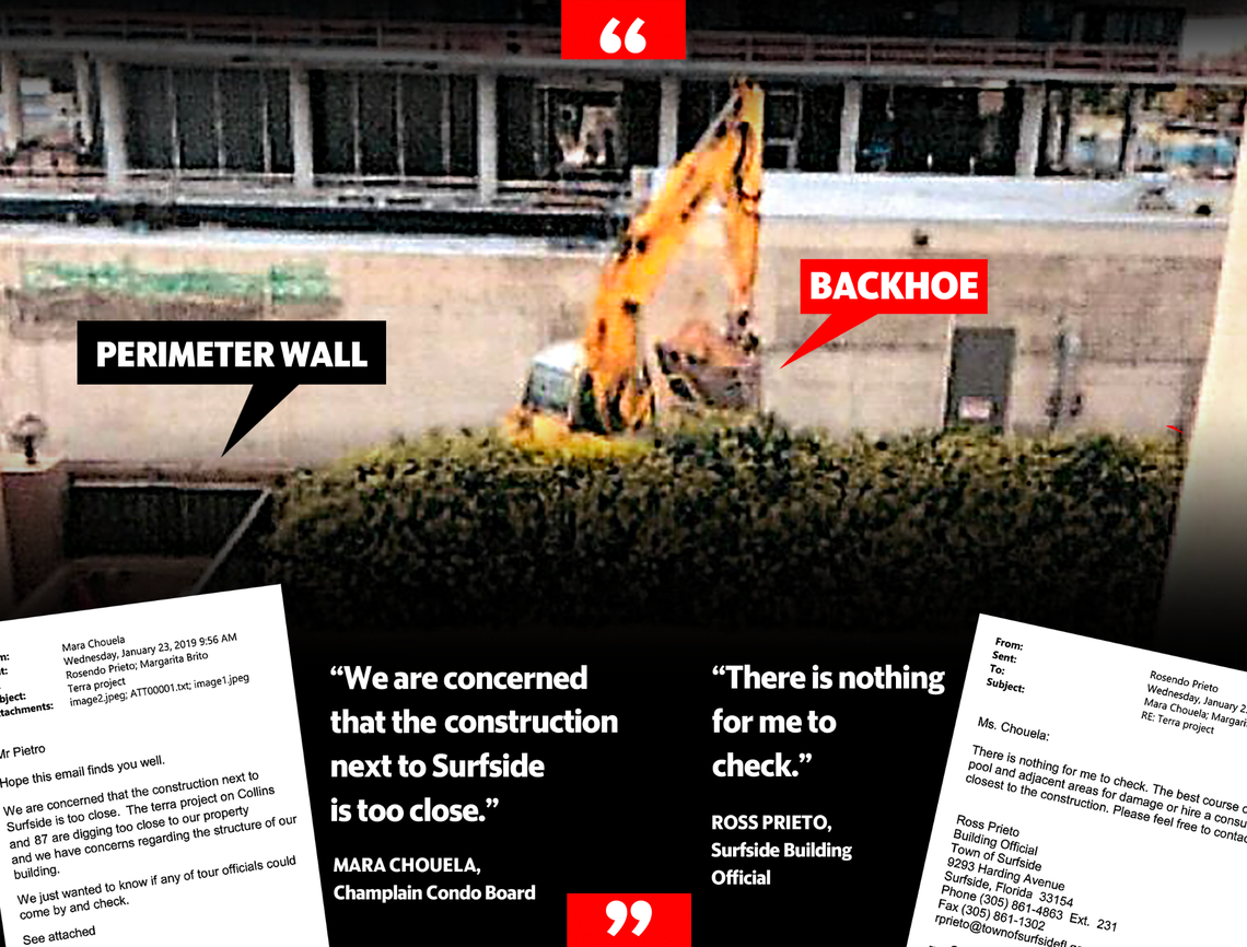 Champlain South condo board resident Mara Chouela emailed the Surfside building department in 2019 saying residents were concerned about construction from Eighty Seven Park being too close to the perimeter wall.