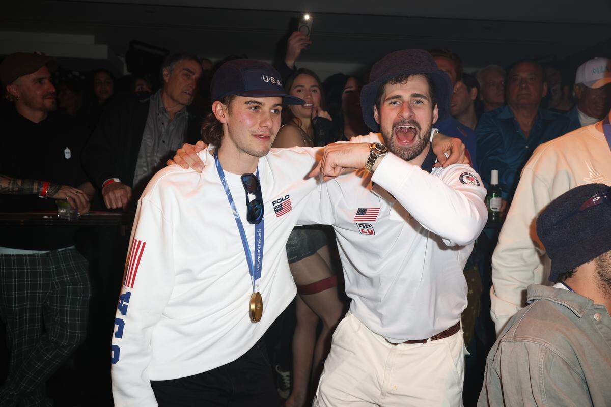MIAMI, FLORIDA - FEBRUARY 23: Jack Hughes and Dylan Larkin attend a celebration of the USA Men's Hockey Team's Olympic Gold at E11EVEN Miami on February 23, 2026 in Miami, Florida.  (Photo by Alexander Tamargo/Getty Images for E11EVEN Miami)