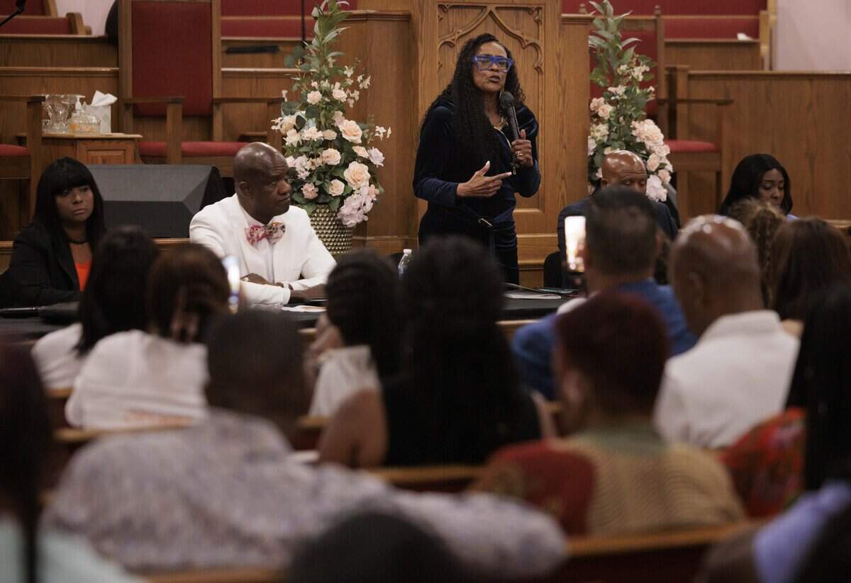Joy Jackson, center, speaks during a forum for the candidates running for the Miami-Dade school board's vacant District 1 seat on Wednesday, July 15, 2026, in Miami Gardens, Fla.