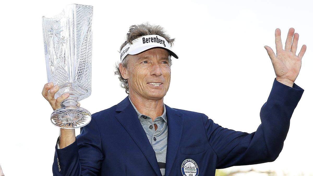 Bernhard Langer of Germany reacts with the trophy after winning the Oasis Championship at The Old Course at Broken Sound on February 10, 2019 in Boca Raton, Florida.