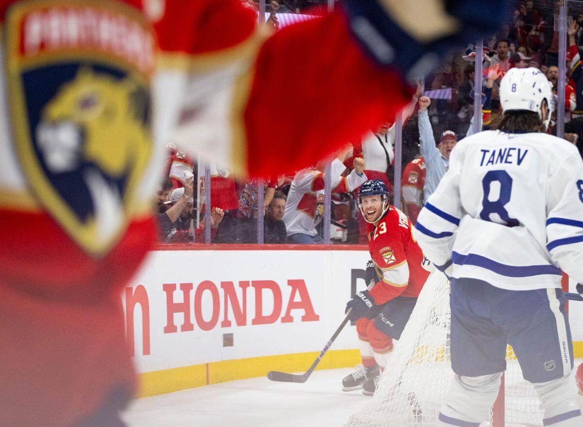 Florida Panthers center Carter Verhaeghe (23) smiles after scoring a goal during the first period of Game 4 of a Stanley Cup playoffs second-round series against the Toronto Maple Leafs on Sunday, May 11, 2025, at Amerant Bank Arena in Sunrise, Fla.