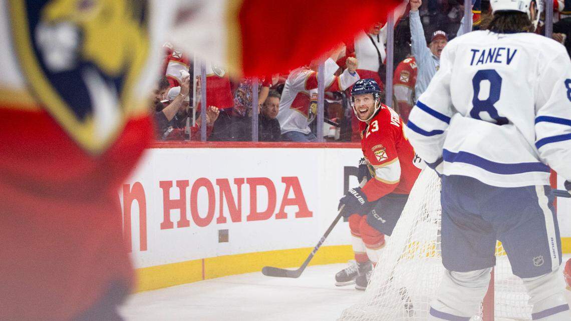 Florida Panthers center Carter Verhaeghe (23) smiles after scoring a goal during the first period of Game 4 of a Stanley Cup playoffs second-round series against the Toronto Maple Leafs on Sunday, May 11, 2025, at Amerant Bank Arena in Sunrise, Fla.