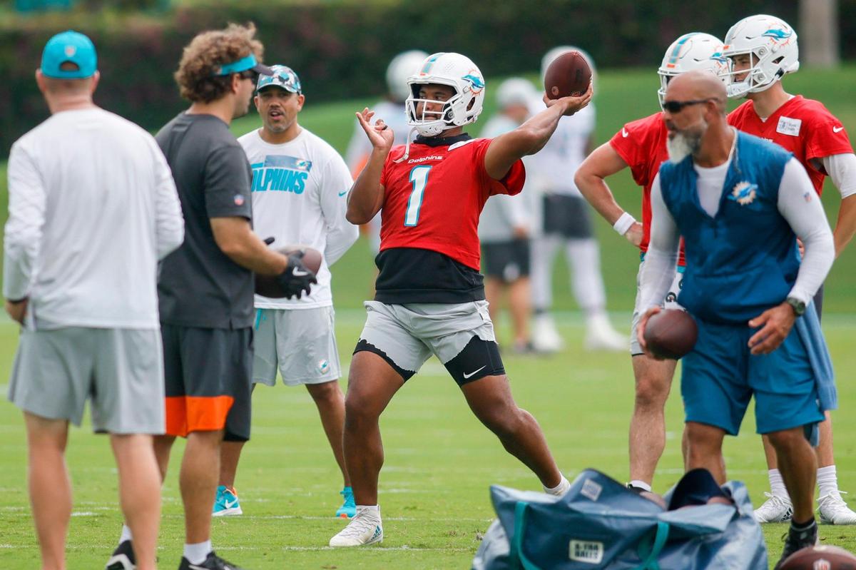 Miami Dolphins quarterback Tua Tagovailoa (1) throws the football during mandatory minicamp at the Baptist Health Training Complex in Miami Gardens, Florida on Wednesday, June 7, 2023.