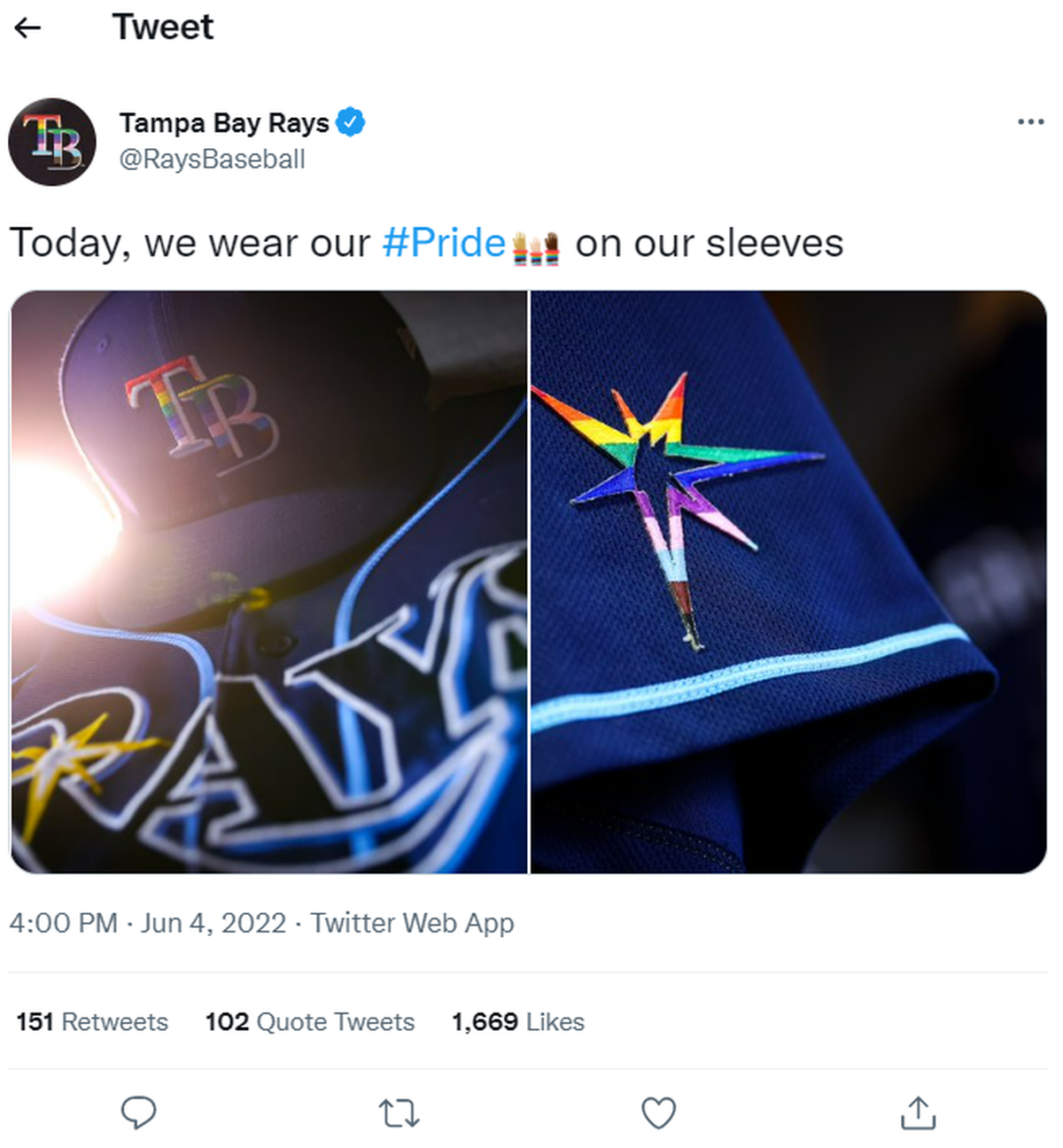 The Tampa Bay Rays celebrated their annual Pride Night by wearing rainbow-colored uniforms with a logo patch on the sleeve and special hats to honor the LGBTQ+ community on Saturday, June 4, 2022 at Tropicana Field in St. Petersburg, Florida.