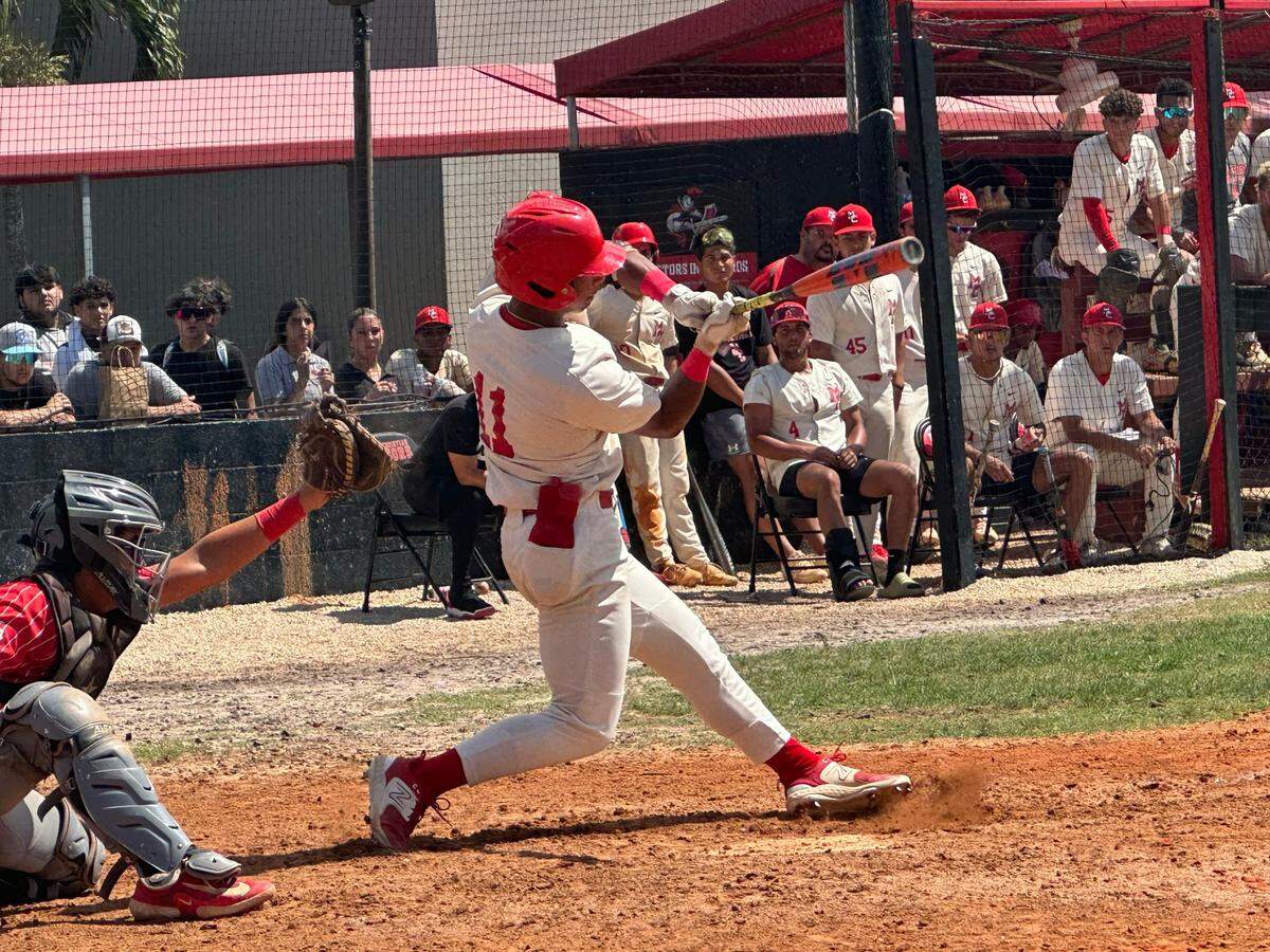 Miami Christian’s Dylan Prince can’t check his swing during an at-bat Tuesday in a 9-4 loss to Westminster Academy in the Region 4-2A final at the Victors’ home field.