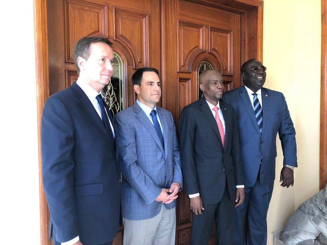 (From L-R) Gonzalo Koncke, chief of staff for OAS Secretary General Luis Almagro; U.S. OAS Ambassador Carlos Trujillo, Haiti President Jovenel Moise and Haiti Foreign Minister Bochitt Edmond at the president’s residence in Port-au-Prince for a meeting after the hemispheric organization was called in to help facilitate a dialogue.