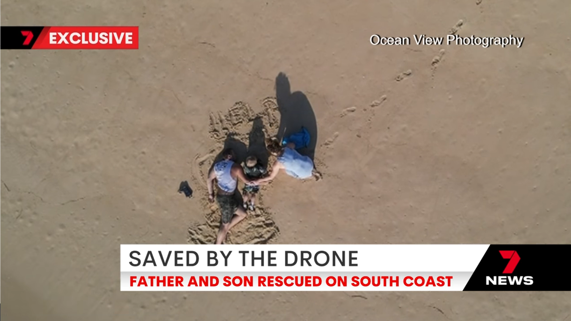 A local Australian photographer used her drone to locate a father and son who were stranded after their boat capsized, officials said.