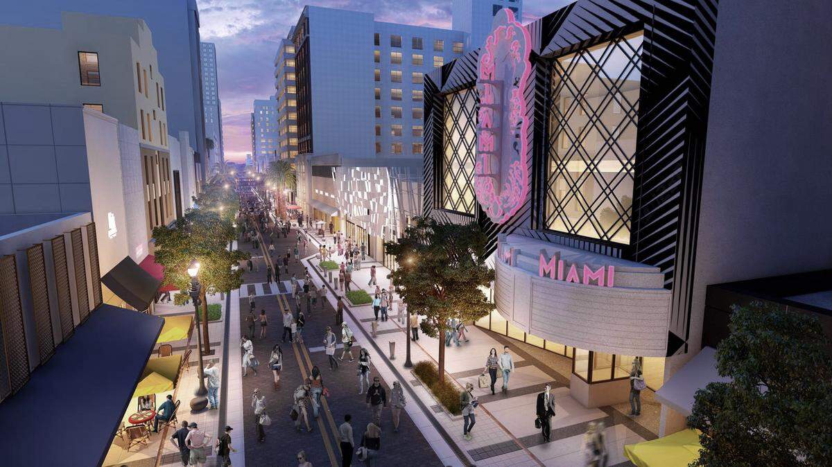 An architectural rendering shows how a remade Flagler Street in downtown Miami will look under a blueprint backed by entrepreneur and arts mogul Moishe Mana. At right is Mana’s 777 International Mall, a former movie house shown as it might look after a renovation. Mana has bought some 45 properties along or abutting Flagler with plans to establish a “creative community” centered around art and tech.