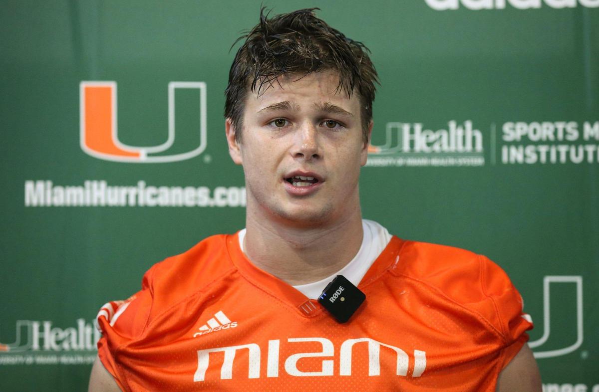 Miami Hurricanes tight end Will Mallory (85) speaks to reporters after practice at the University of Miami’s Greentree Practice Field in Coral Gables on Wednesday, March 9, 2022.