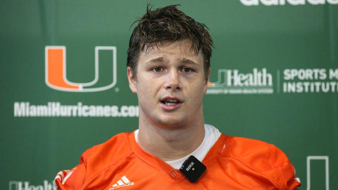 Miami Hurricanes tight end Will Mallory (85) speaks to reporters after practice at the University of Miami’s Greentree Practice Field in Coral Gables on Wednesday, March 9, 2022.