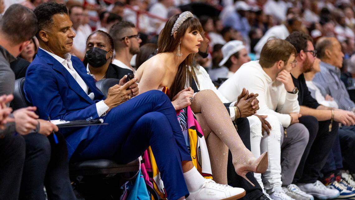 Opera singer Radmilla Lolly watches the game from court side seats during the first half of Game 4 of the NBA Finals between the Miami Heat and the Denver Nuggets at the Kaseya Center on Friday, June 9, 2023, in downtown Miami, Fla.