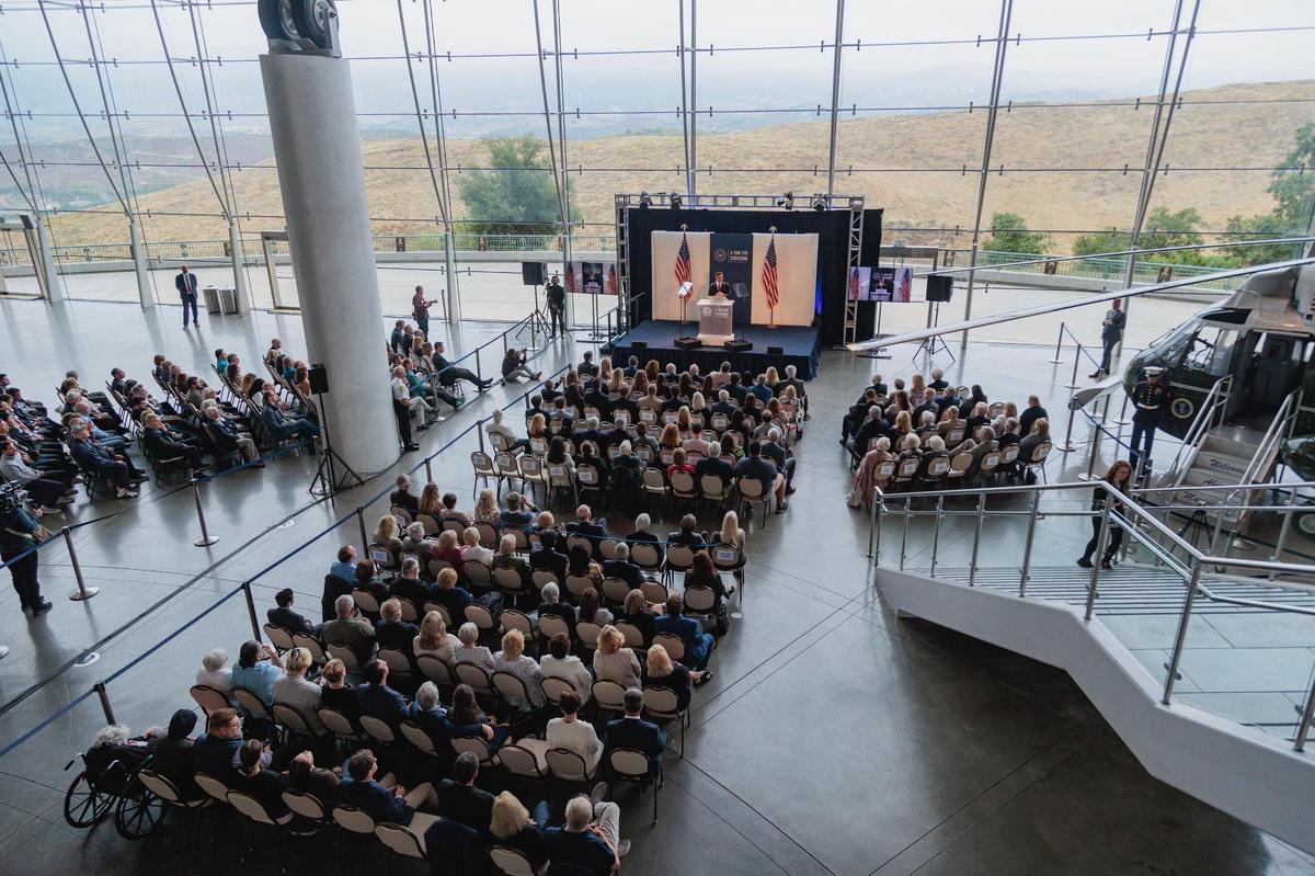 Miami Mayor Francis Suarez gives his first speech as a candidate for the 2024 Republican presidential nomination at the Ronald Reagan Presidential Library in Simi Valley, California on Thursday, June 15, 2023.