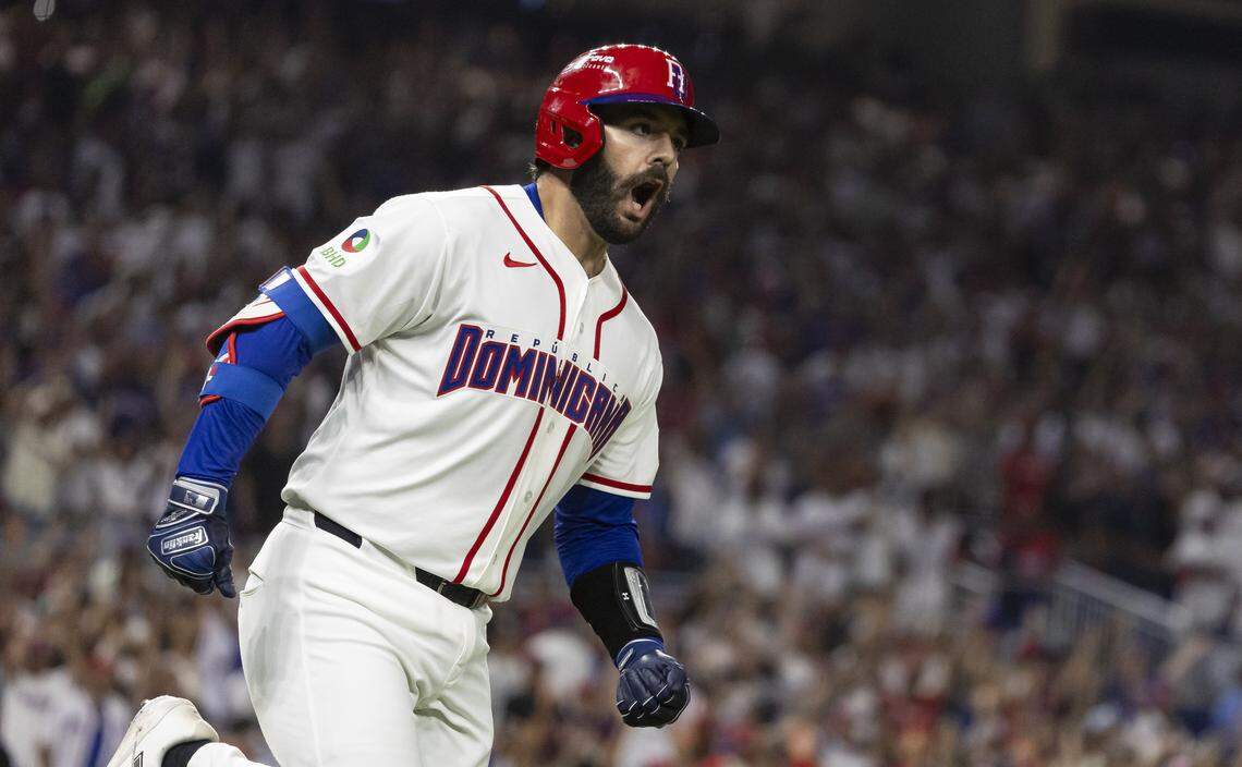 Dominican Republic catcher Austin Wells (28) reacts after hitting a home run against Korea in the seventh inning of their World Baseball Classic quarterfinal game at loanDepot park on Friday, March 13, 2026, in Miami, Fla.
