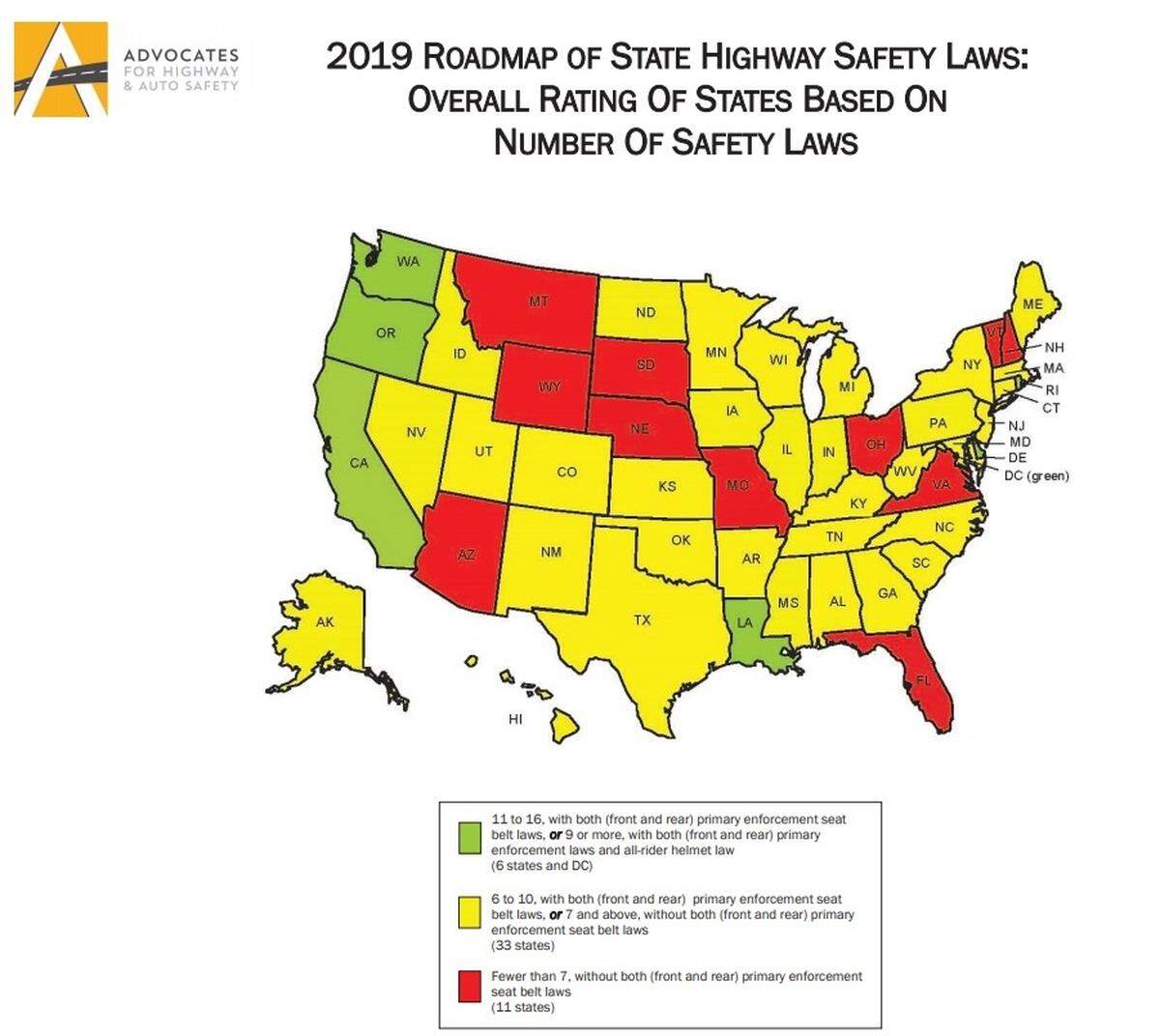 The 2019 roadmap of highway safety laws. Florida, earning a red grade, has among the fewest, according to the Advocates for Highway & Auto Safety group’s latest report, released Jan. 22, 2019.