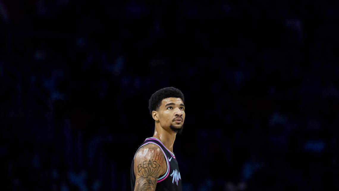 Miami Heat center Kel'el Ware (7) looks on in the first half of his NBA game against the Cleveland Cavaliers at Kaseya Center on Nov. 12, 2025, in Miami.