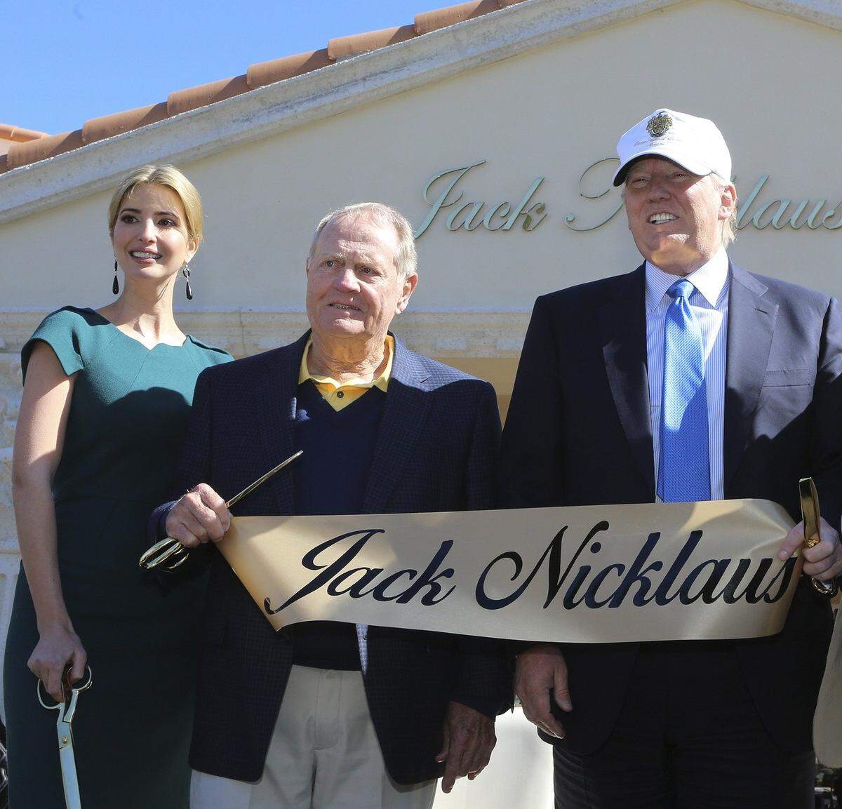 Golf legend Jack Nicklaus is flanked by Donald Trump and Trump’s daughter Ivanka Trump at a ribbon-cutting ceremony for the new Jack Nicklaus Villa at Trump National Doral Miami on Feb. 20, 2015. Elsewhere in Miami-Dade County, Trump proposed spending $10 million to improve the public Crandon Park golf course, which he contends is in a sub-par condition.