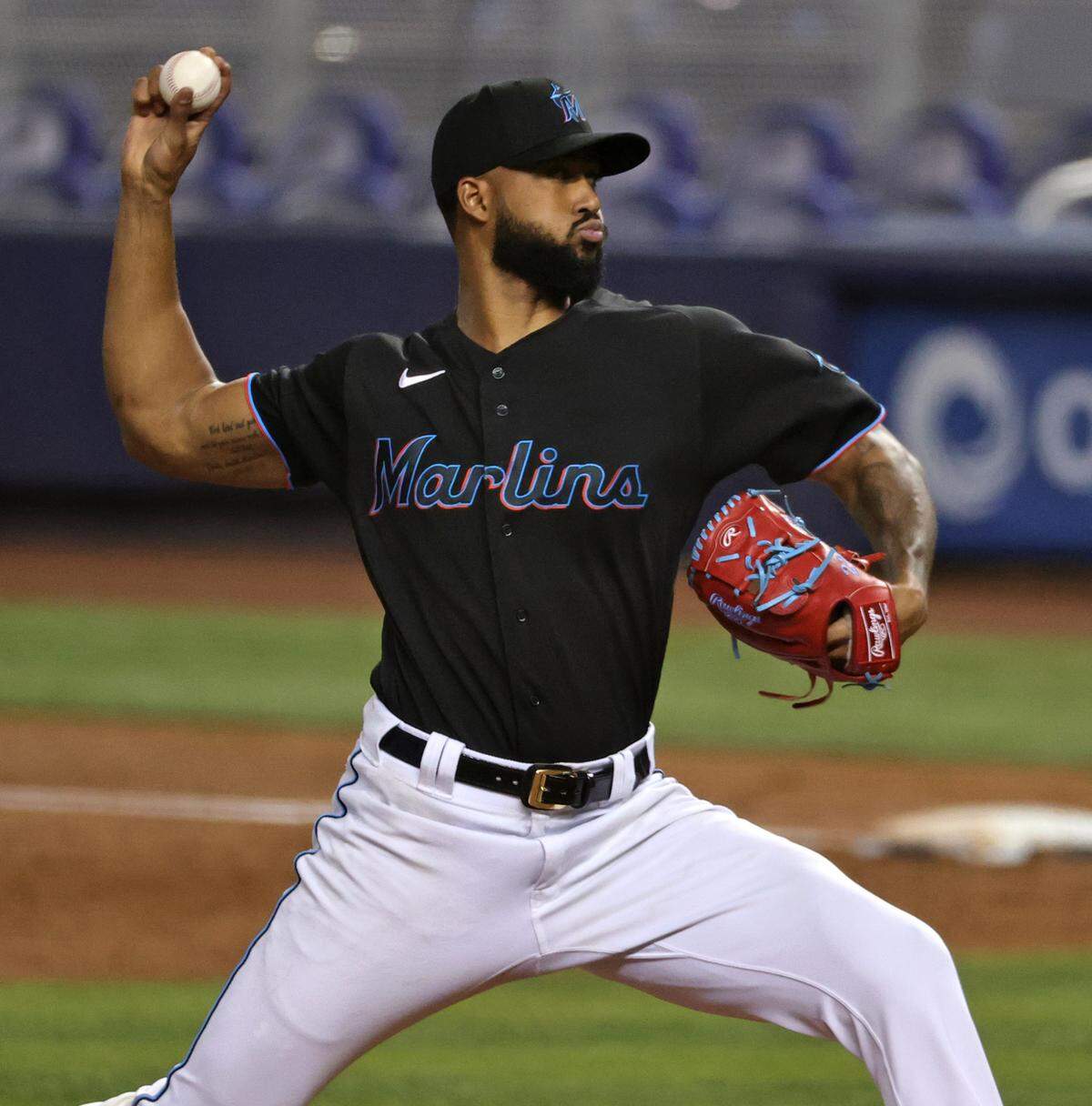 Miami Marlins pitcher Sandy Alcantara (22) pitches against the Atlanta Braves during the second inning of their baseball game at loanDepot park on Friday, June 11, 2021 in Miami, Florida.
