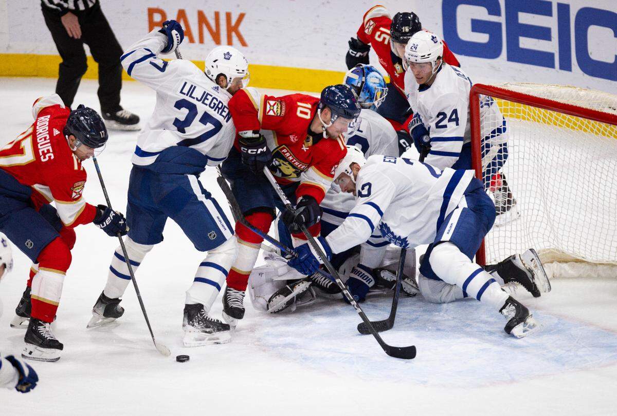 Florida Panthers center Evan Rodrigues (17) takes a shot on goal during the second period of a hockey game against the Toronto Maple Leafs on Tuesday, April 16, 2024, at Amerant Bank Arena in Sunrise, Fla. The Florida Panthers scored 4 goals in the period to take the lead 4-2 against the Toronto Maple Leafs.