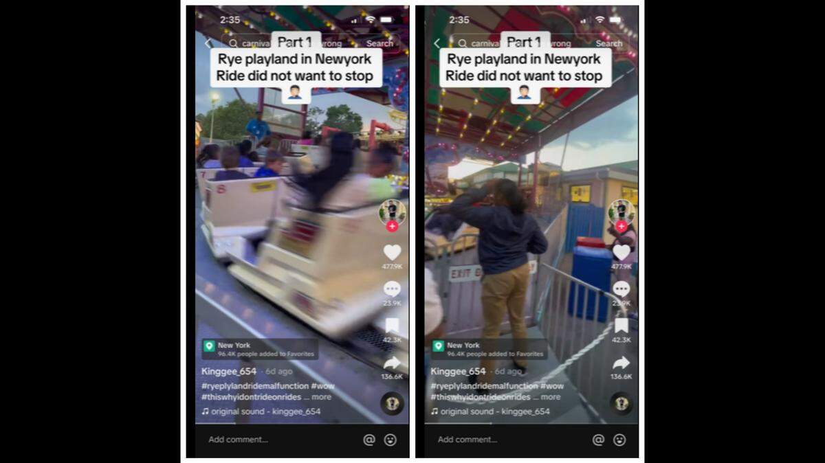 Passengers were trapped and spinning backward when a ride at a New York amusement park malfunctioned and wouldn’t stop, video shows.
