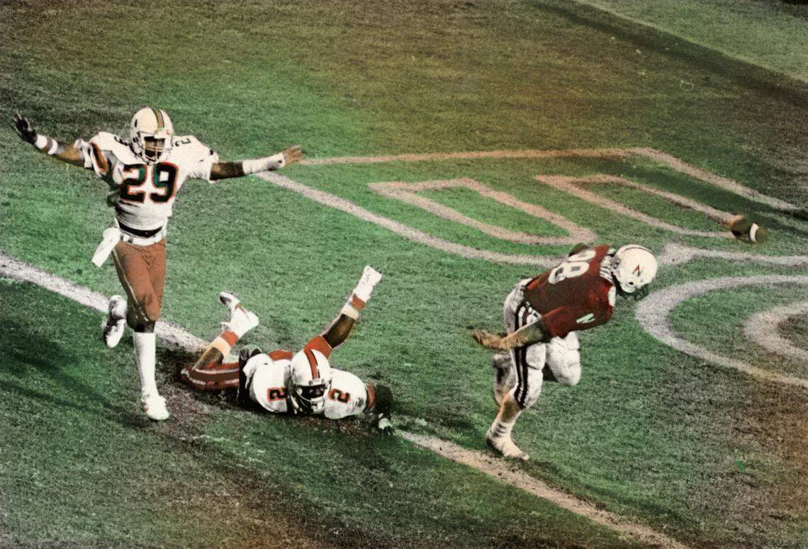The Unievrsity of Miami defeats Nebraska in the 50th Orange Bowl on Jan. 2, 1984.